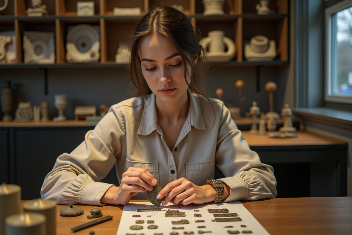 Jeune archéologue cataloguant des bijoux vikings en musée