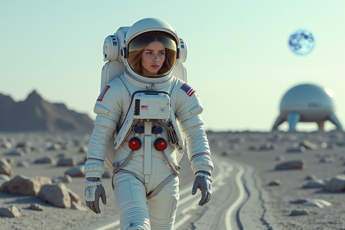 Jeune femme astronaute marchant sur la surface lunaire