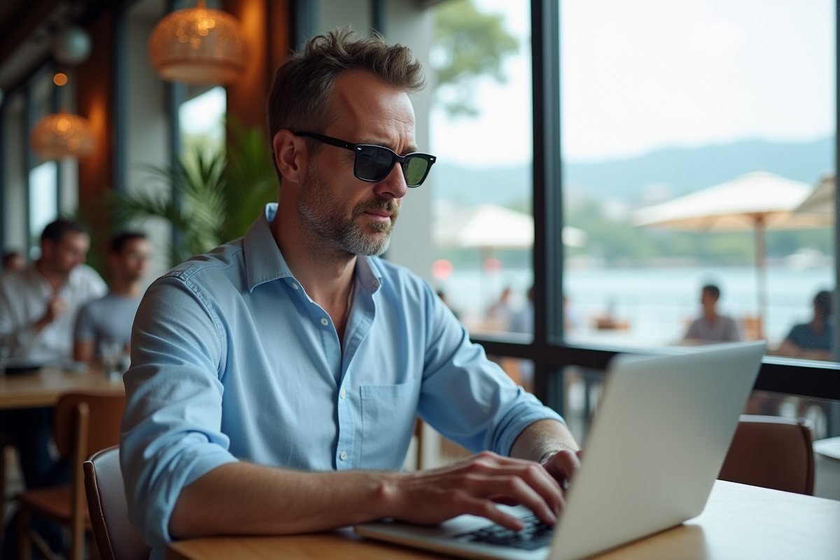 Homme voyageur travaillant dans un café moderne avec vue sur l