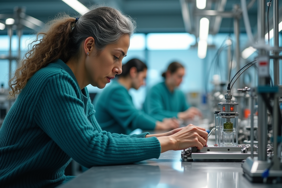 Chercheuse femme ajustant un experiment quantique en laboratoire