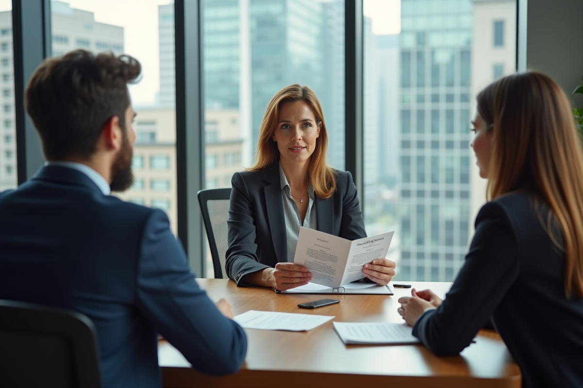 Conseillère financière donnant une brochure à un jeune couple