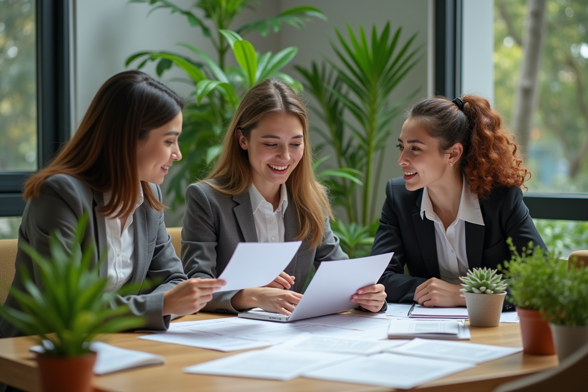 Jeunes professionnels discutant autour de documents écologiques