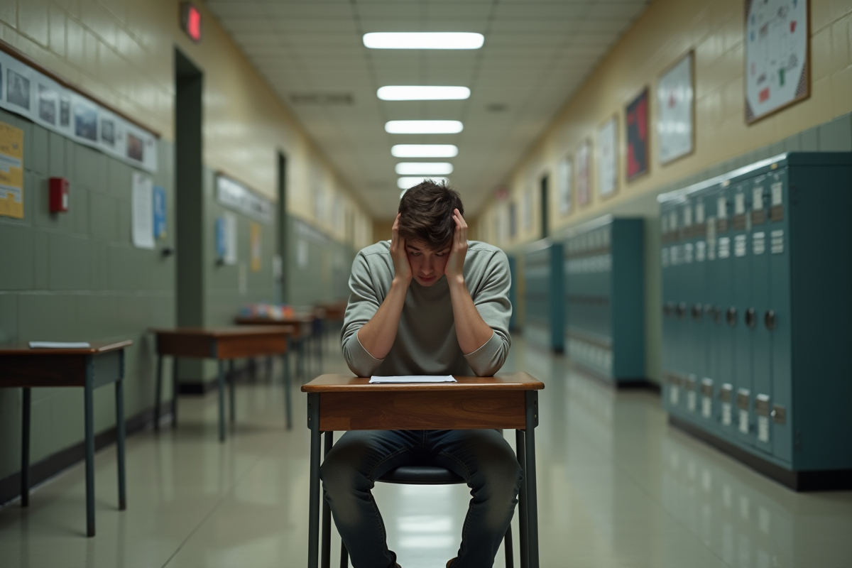 Elève frustré seul dans un couloir d