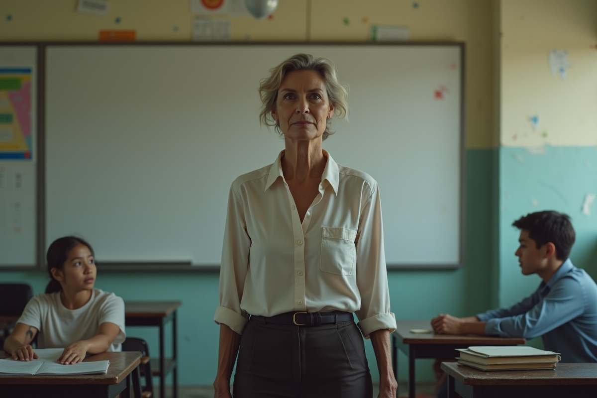 Femme enseignante dans une classe modeste et usée