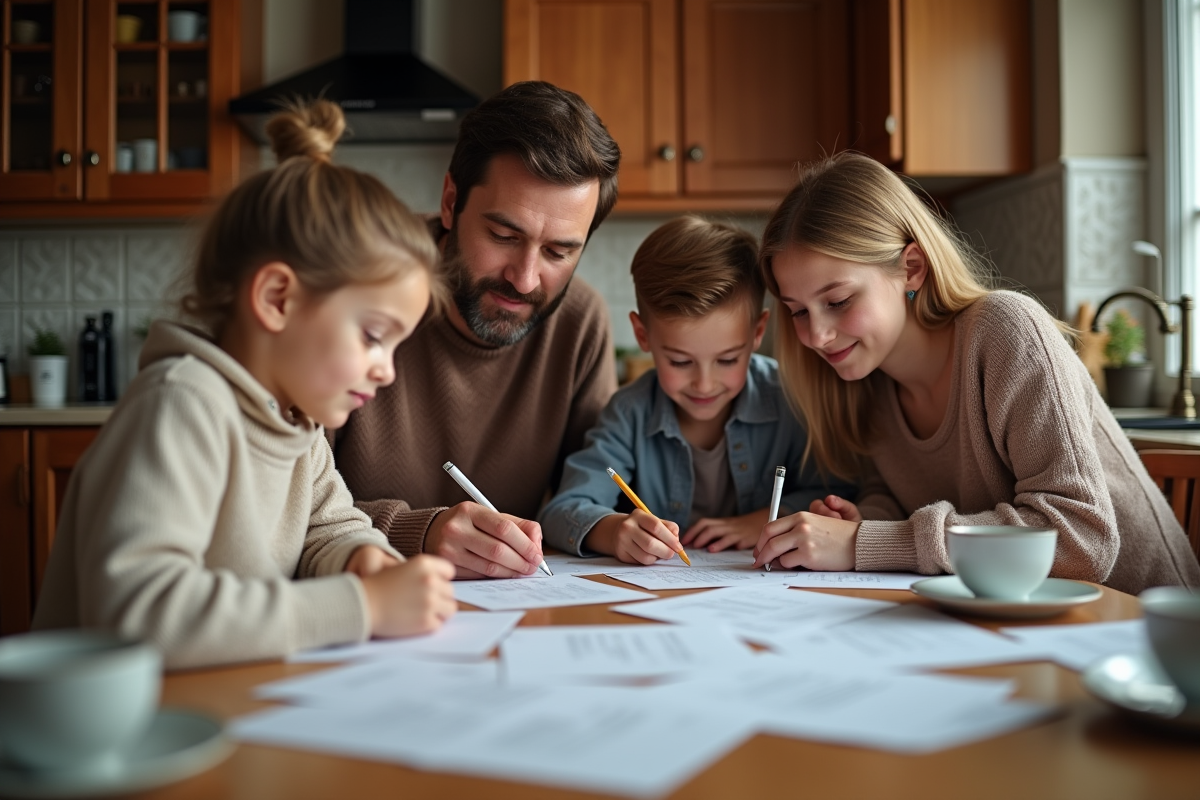 Famille à la maison remplissant des formulaires