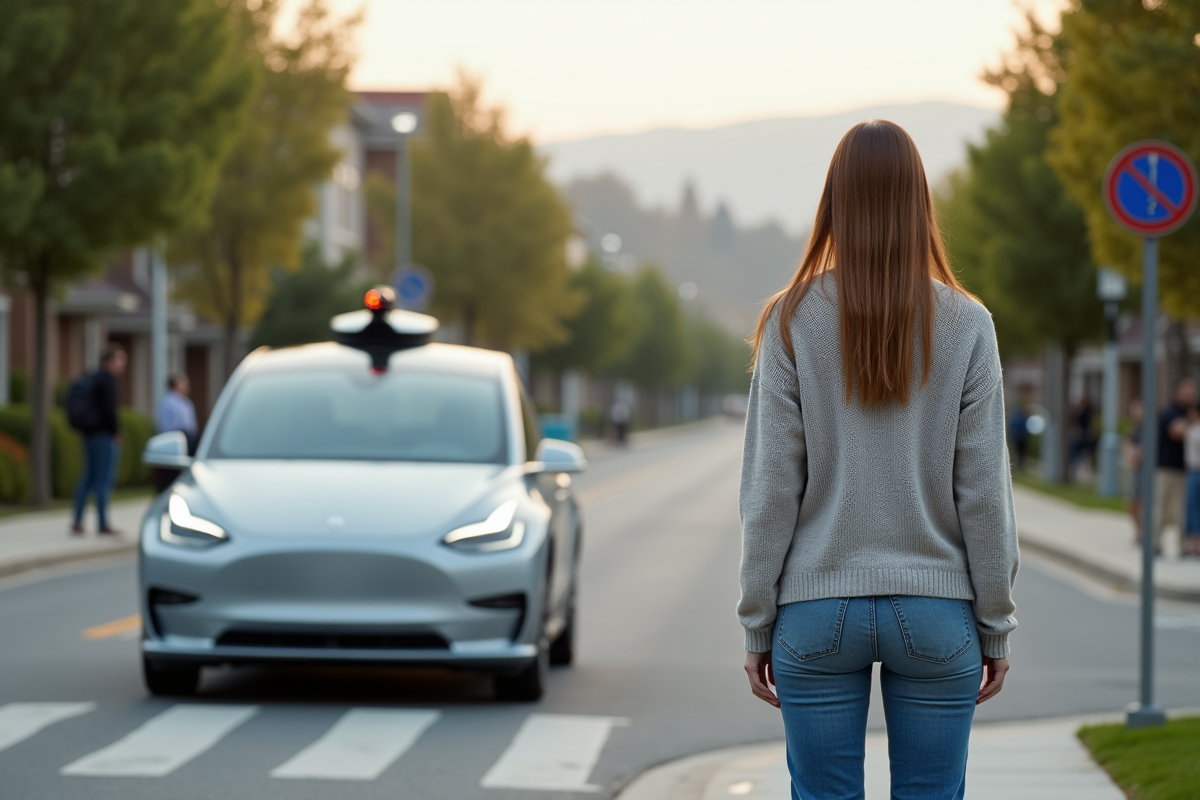Jeune femme observe une voiture autonome dans un quartier