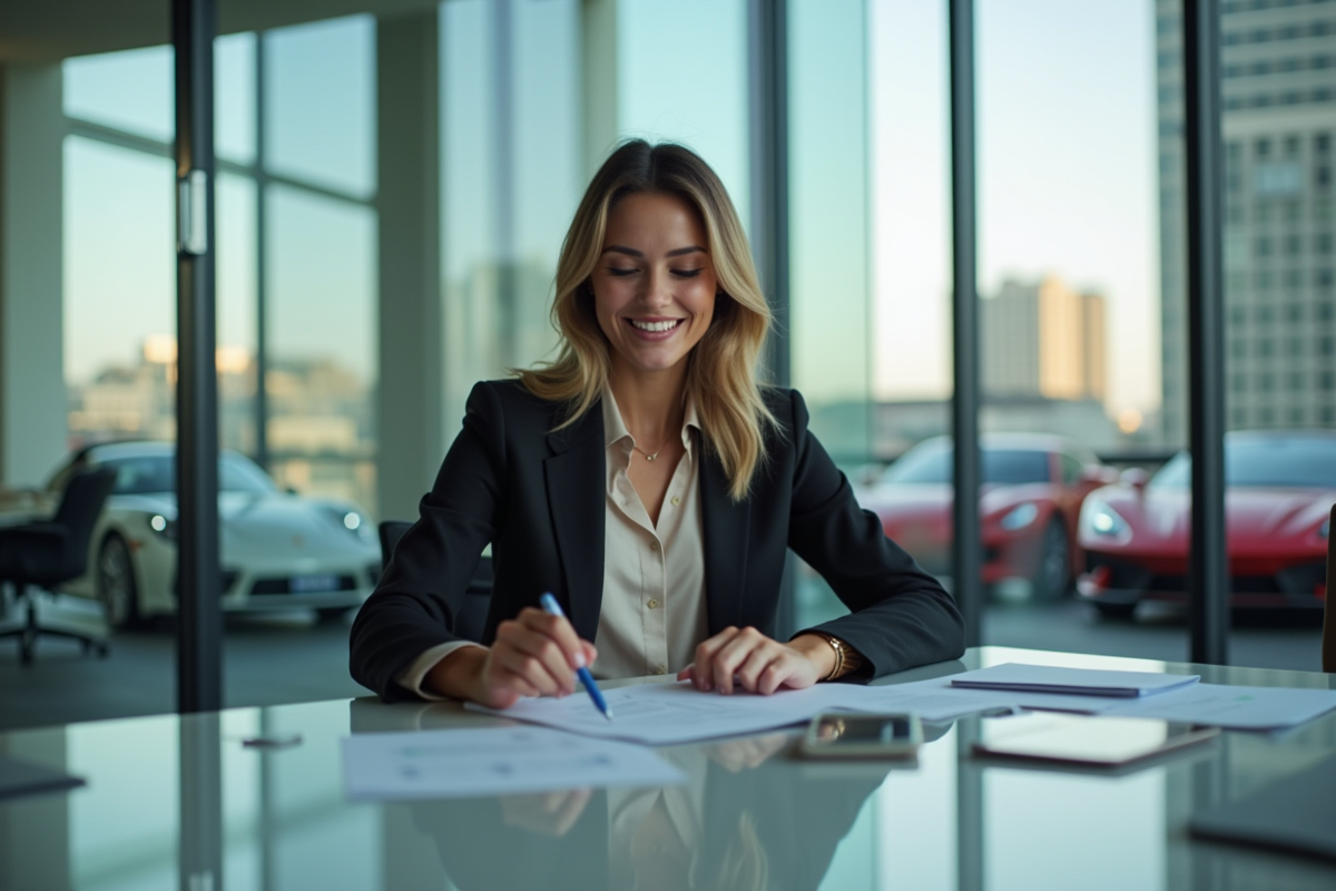 Femme confiante travaillant dans un bureau moderne avec voitures