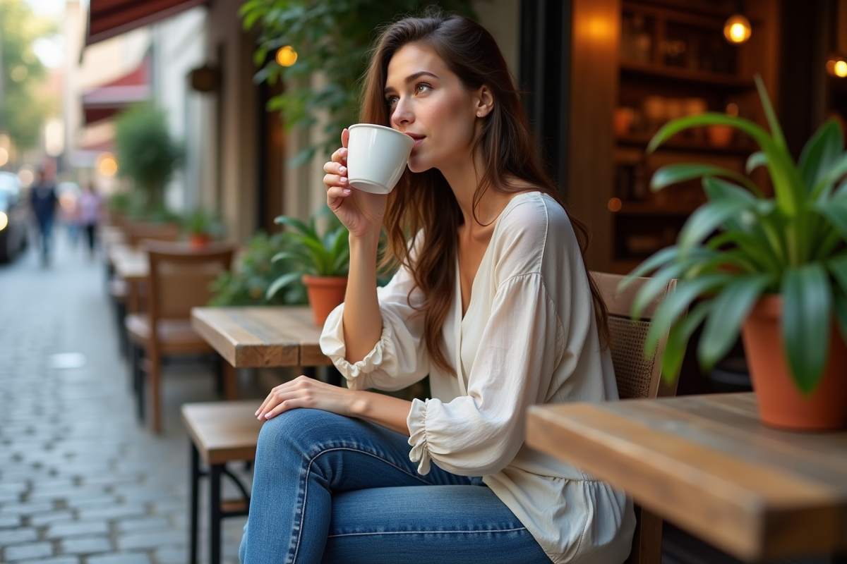 Jeune femme assise au café en terrasse avec café et ambiance européenne