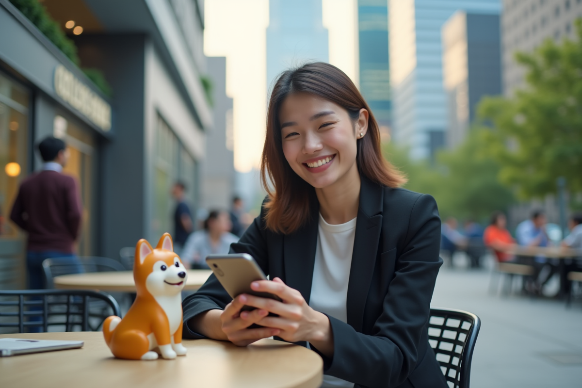 Femme heureuse tenant son smartphone près d une figurine Shiba Inu en extérieur