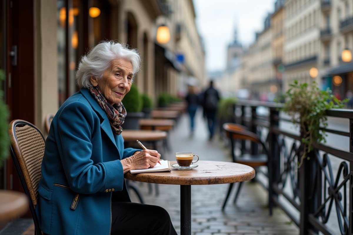 Femme âgée sirotant un espresso dans un café parisien