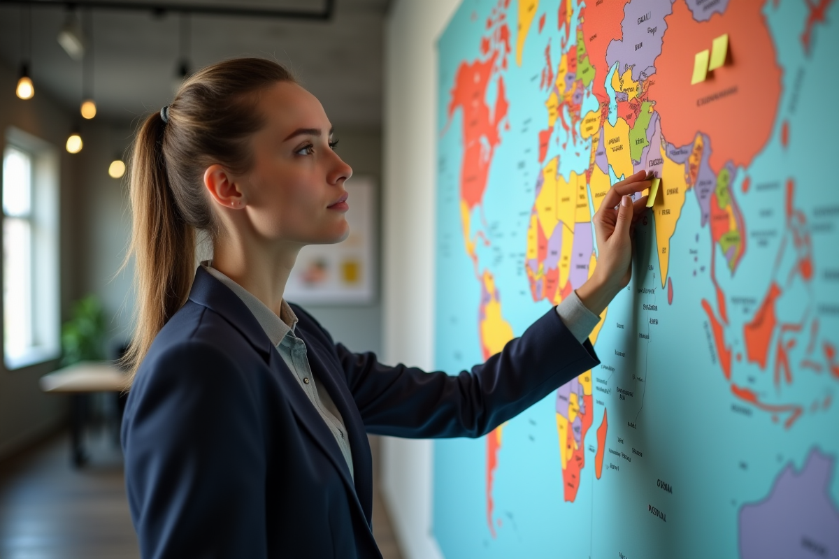 Jeune femme pointant une carte du monde avec des notes colorées
