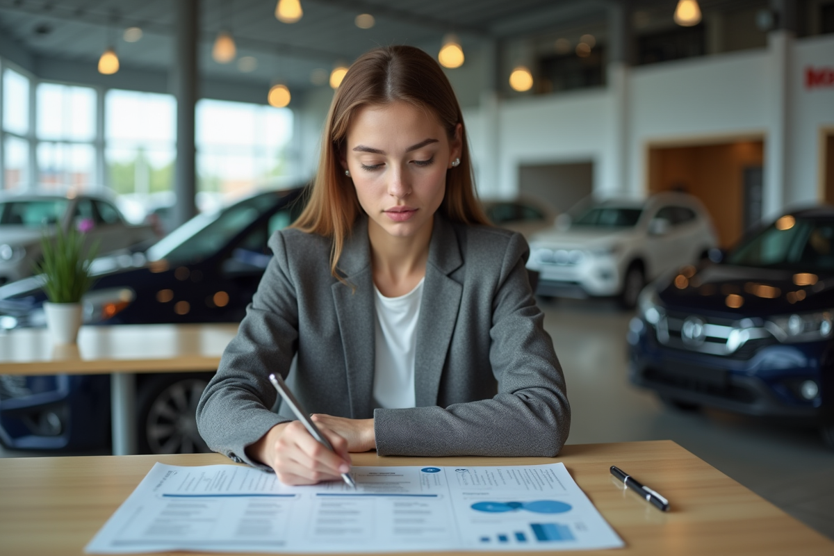 Femme d affaires examinant des papiers dans un showroom