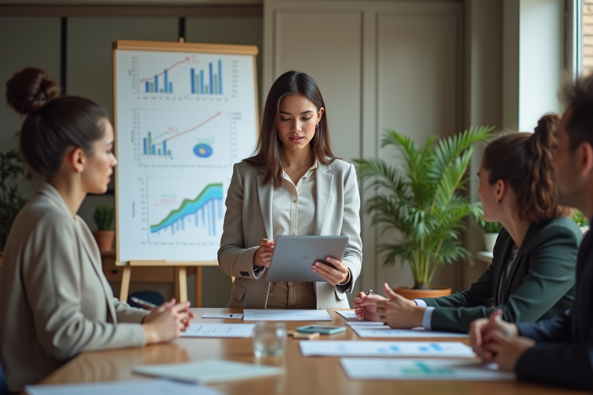 Jeune femme discutant de graphiques financiers avec une équipe