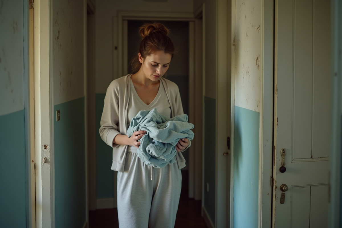 Jeune femme dans un couloir en désordre avec linge sale