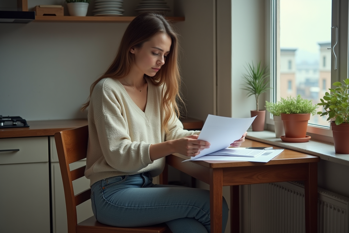 Jeune femme concentrée à lire des documents dans sa cuisine