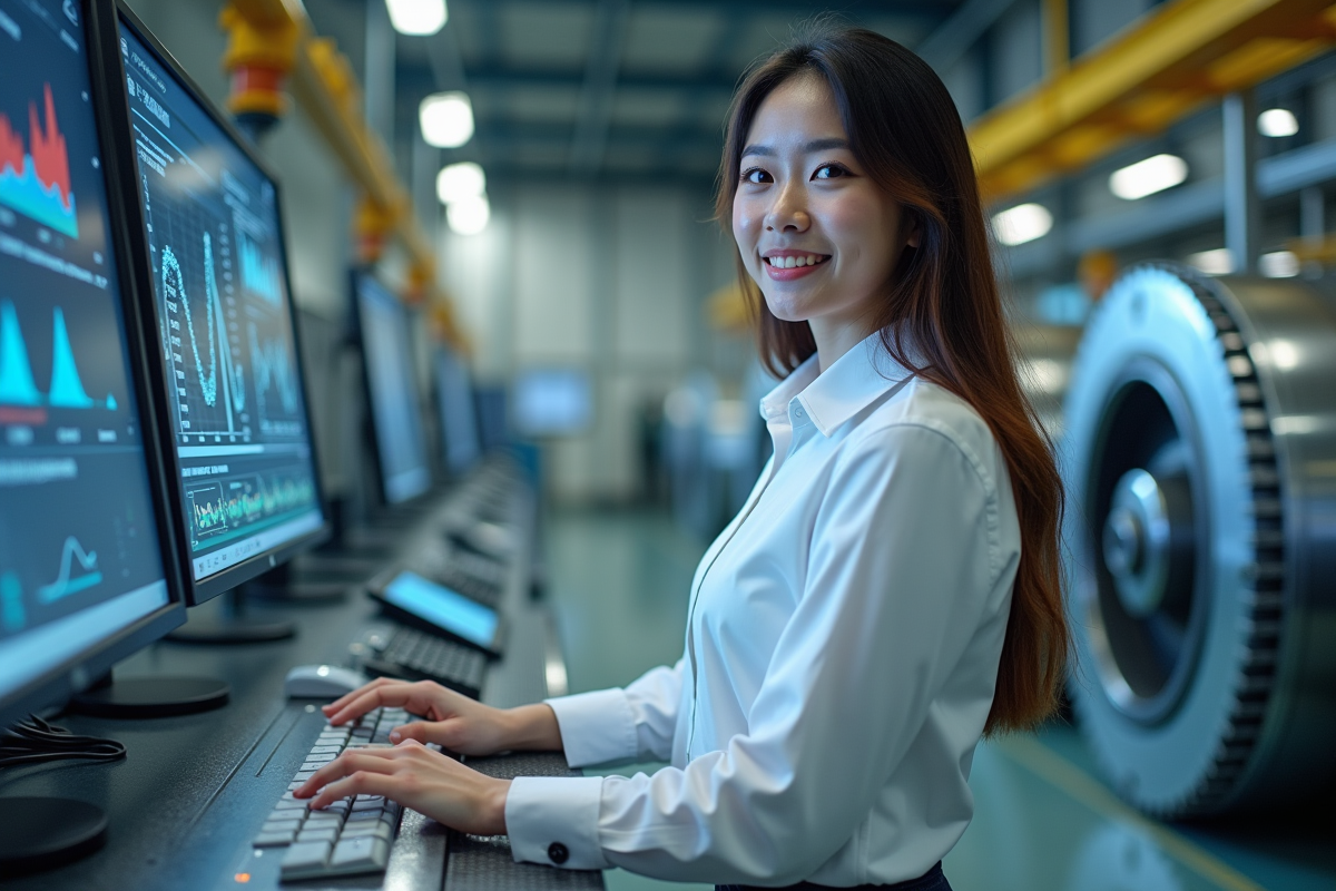 Jeune femme utilisant un système de stockage d’énergie en laboratoire