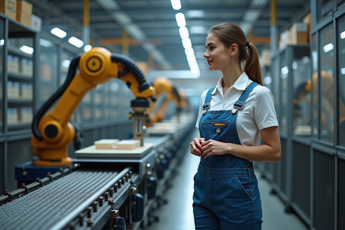 Jeune femme ouvriere et bras robotique en usine