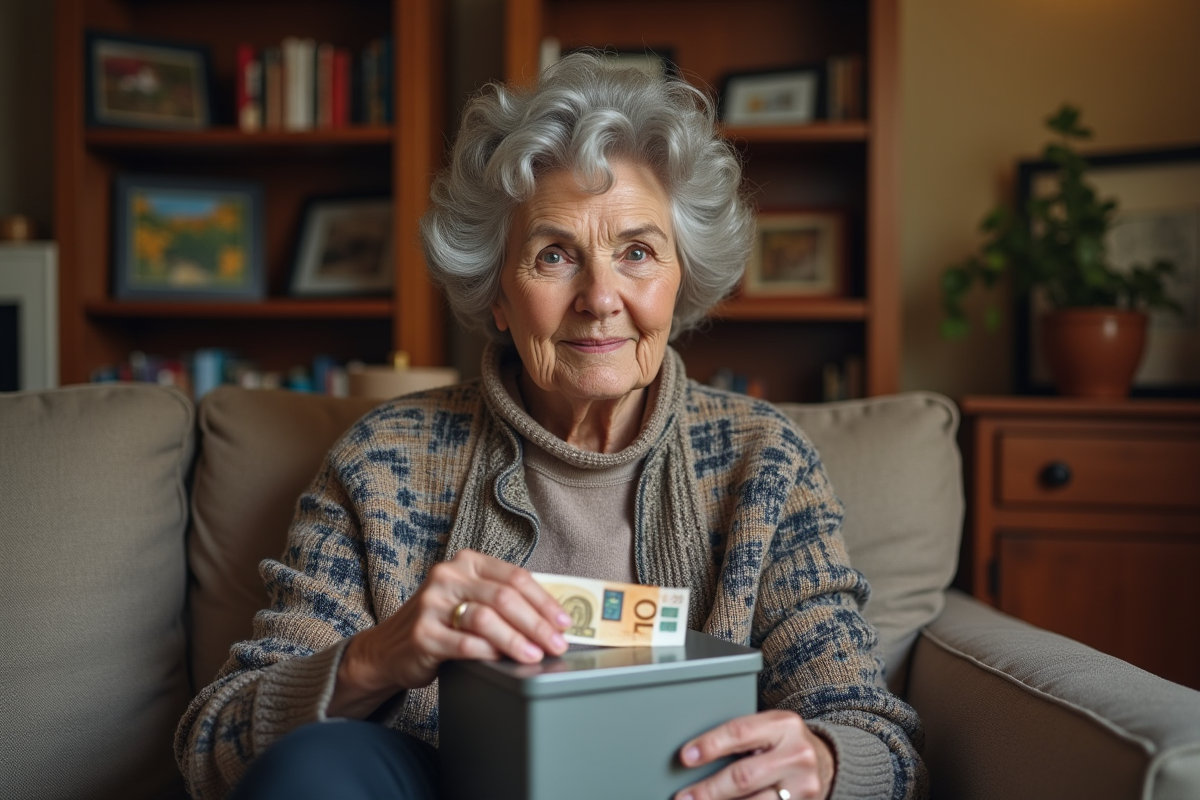 Femme âgée rangeant des billets euros dans une caisse enregistreuse