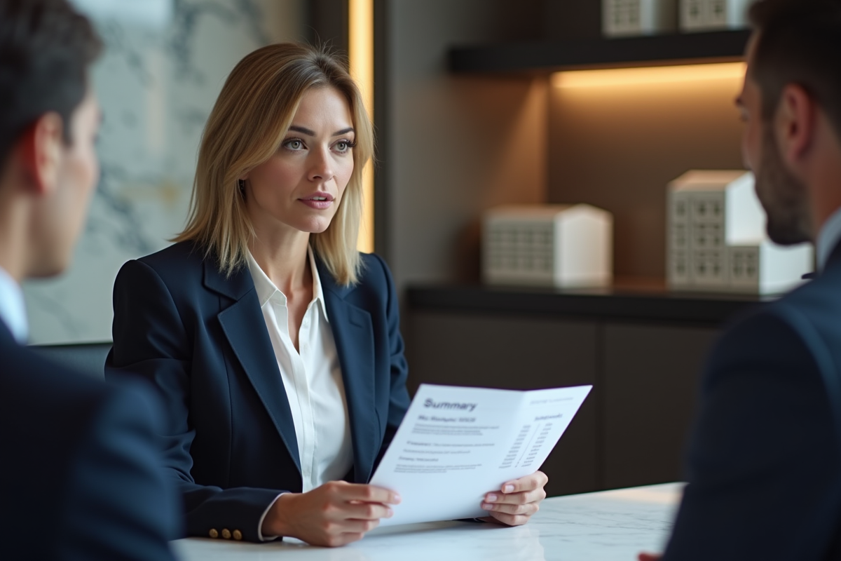 Femme professionnelle en réunion avec document de marché