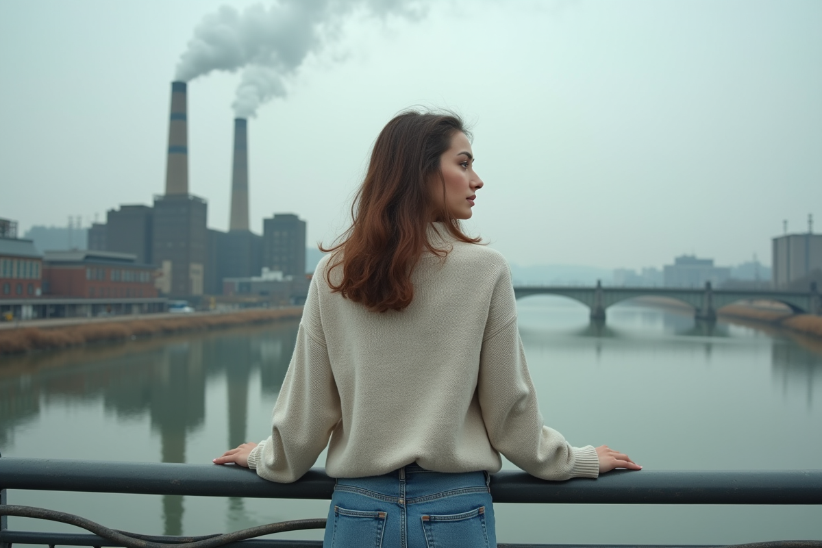 Jeune femme contemplant une rivière polluée et usine