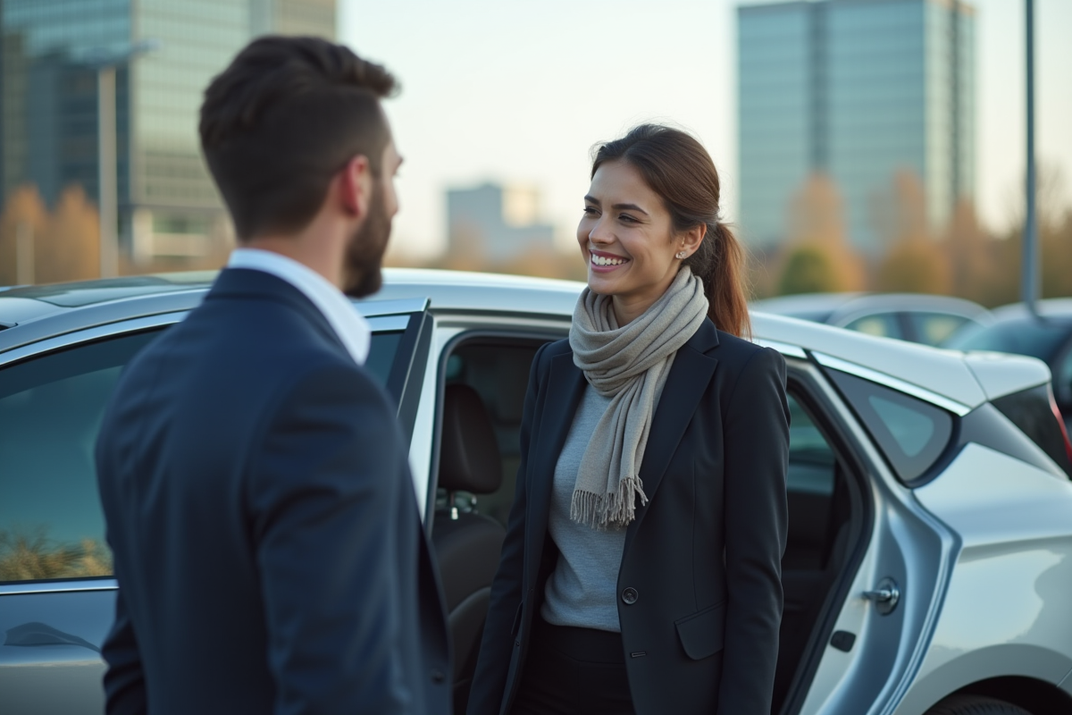Jeune femme saluant un conducteur dans un parking urbain