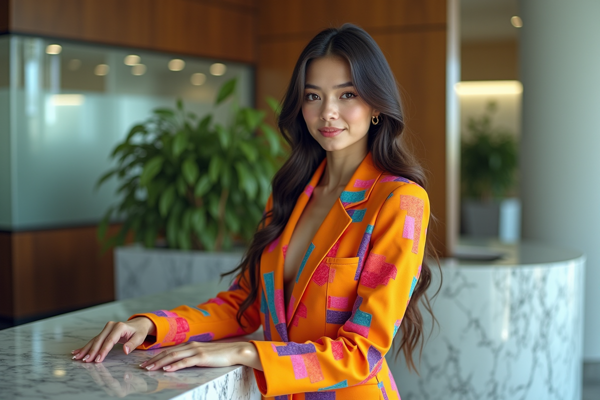 Jeune femme en costume 80s dans un lobby d