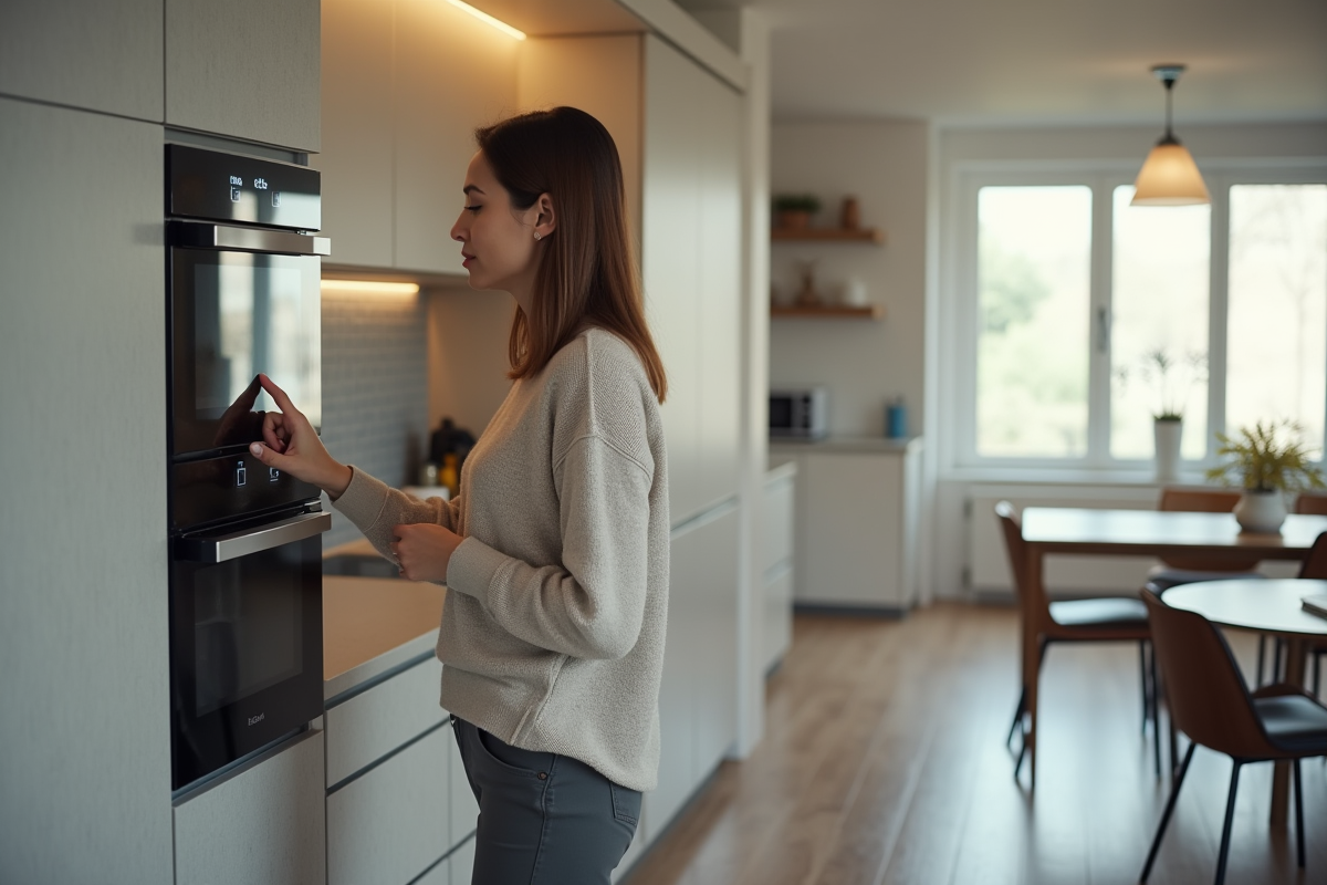 Femme manipulant un panneau tactile dans la cuisine moderne