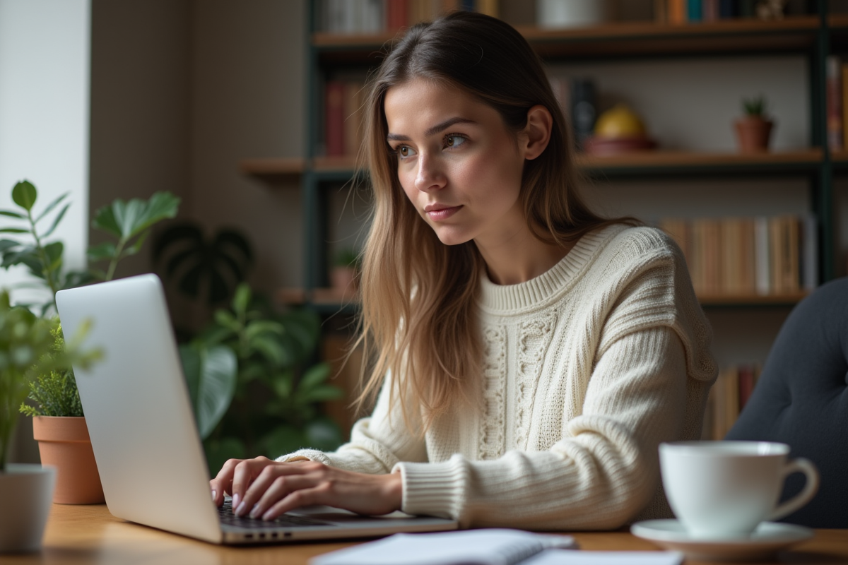 Jeune femme travaillant à domicile sur son ordinateur portable