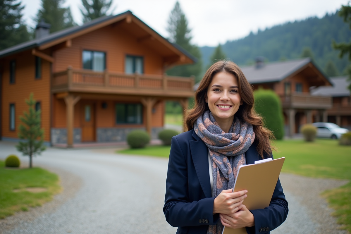 Jeune femme souriante devant une résidence de vacances en forêt