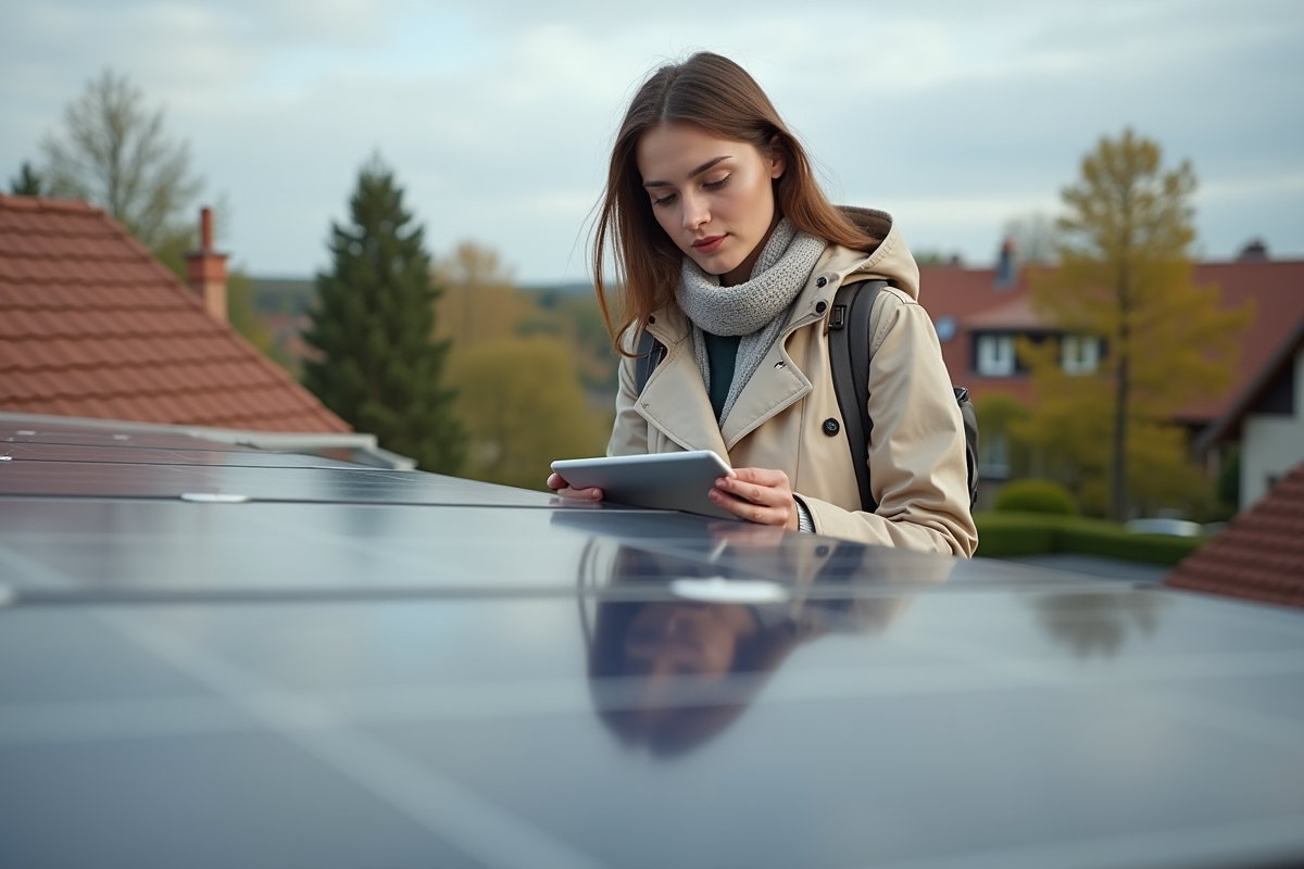 Jeune femme examinant des panneaux solaires avec une tablette en extérieur