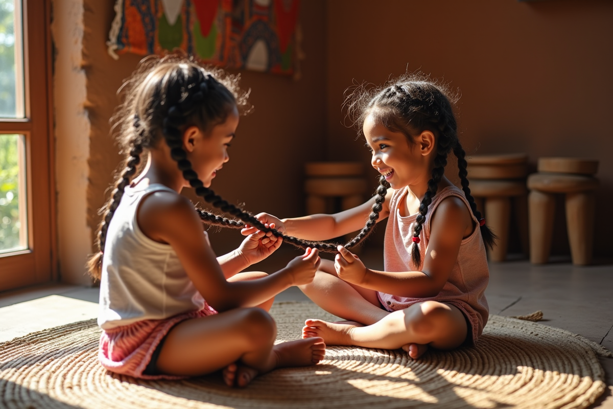 Deux jeunes filles se coiffant dans une pièce chaleureuse