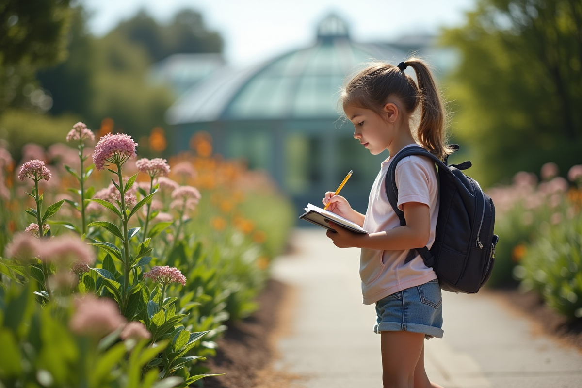 Fille moderne dessinant une plante dans un jardin botanique