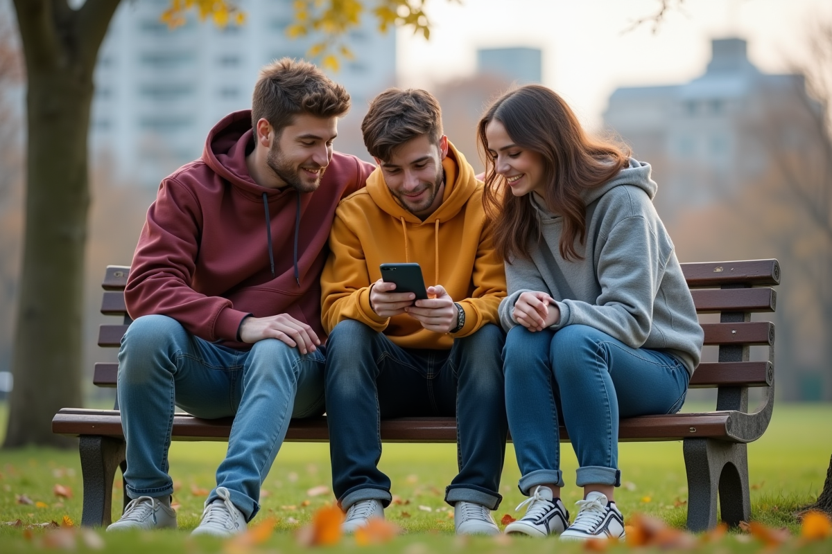 Groupe d amis discutant d applications de budget en plein air