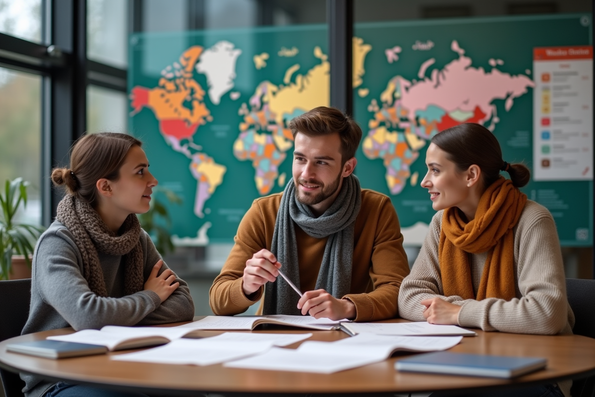 Jeunes linguistes discutant autour d une table