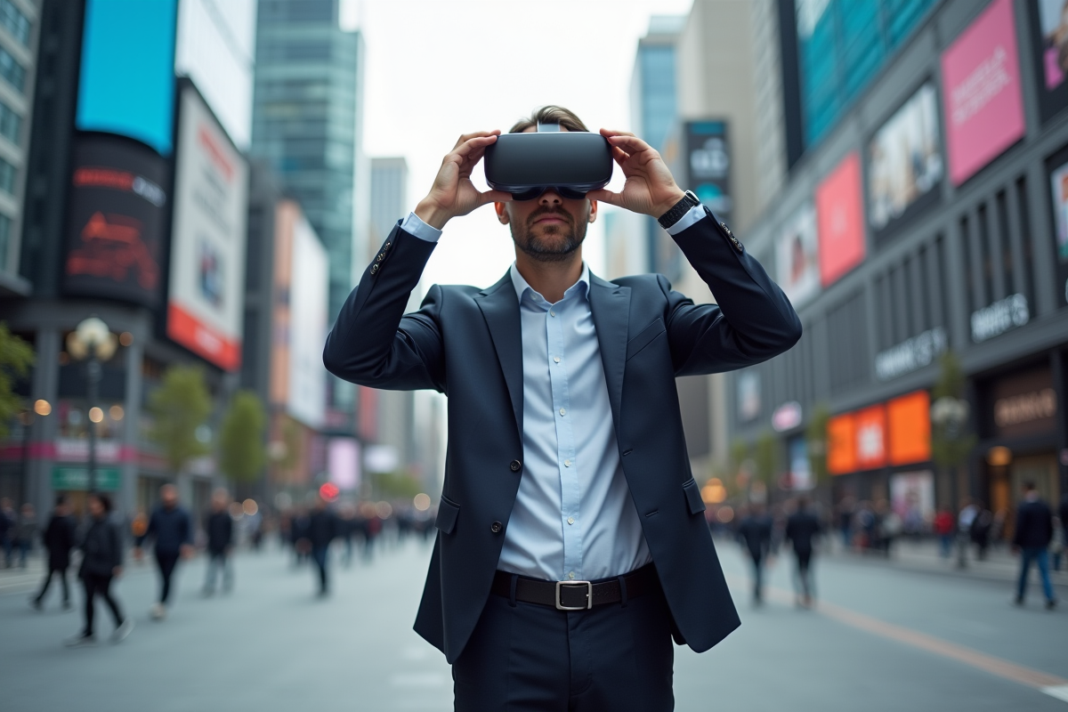 Homme avec casque de réalité augmentée en ville