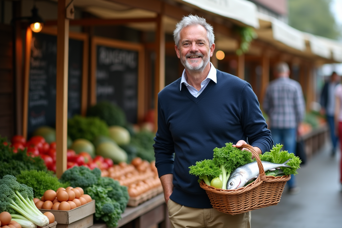 Homme au marché bio achetant poissons et légumes frais