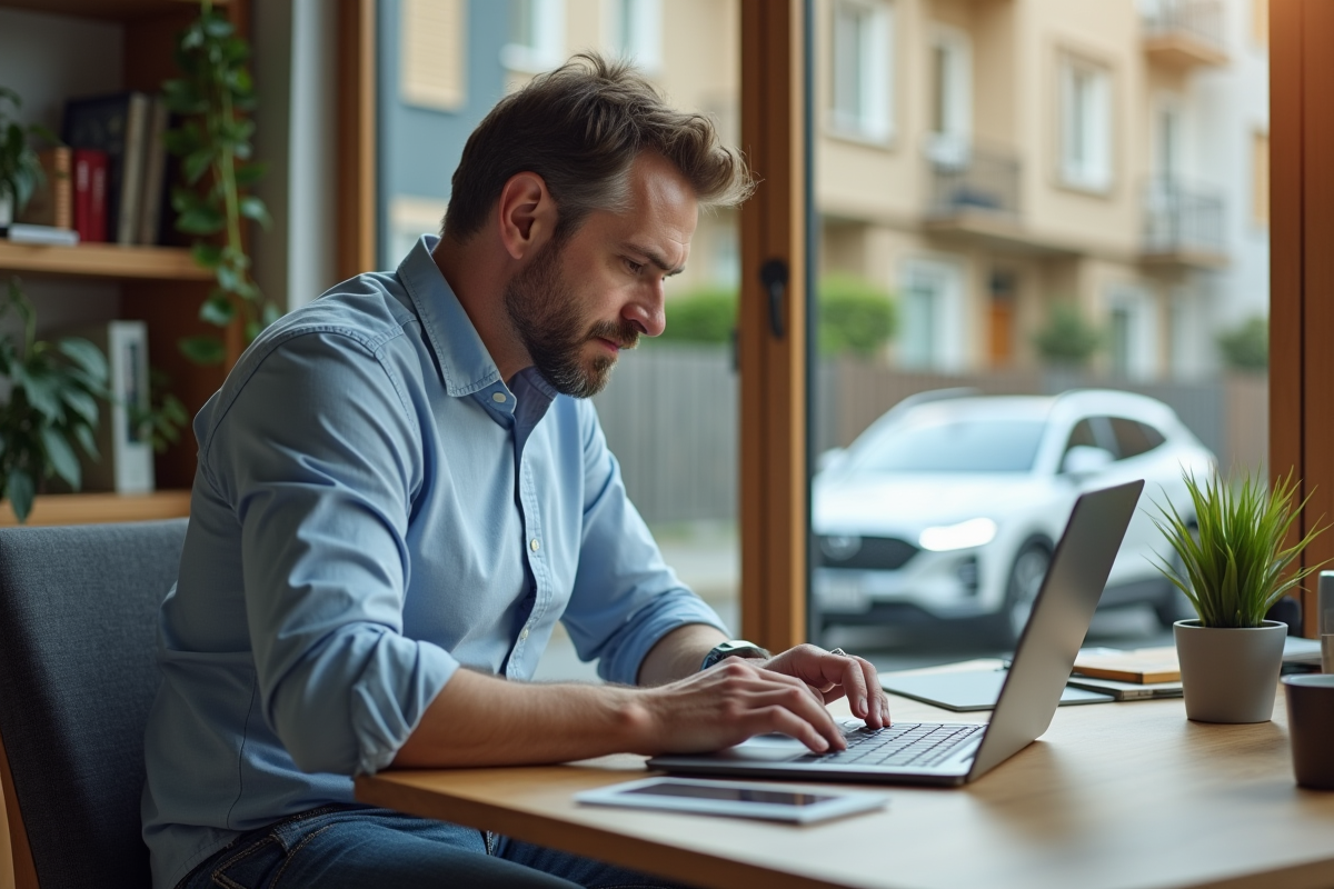Homme analysant un calcul de coût de voiture hybride à son bureau