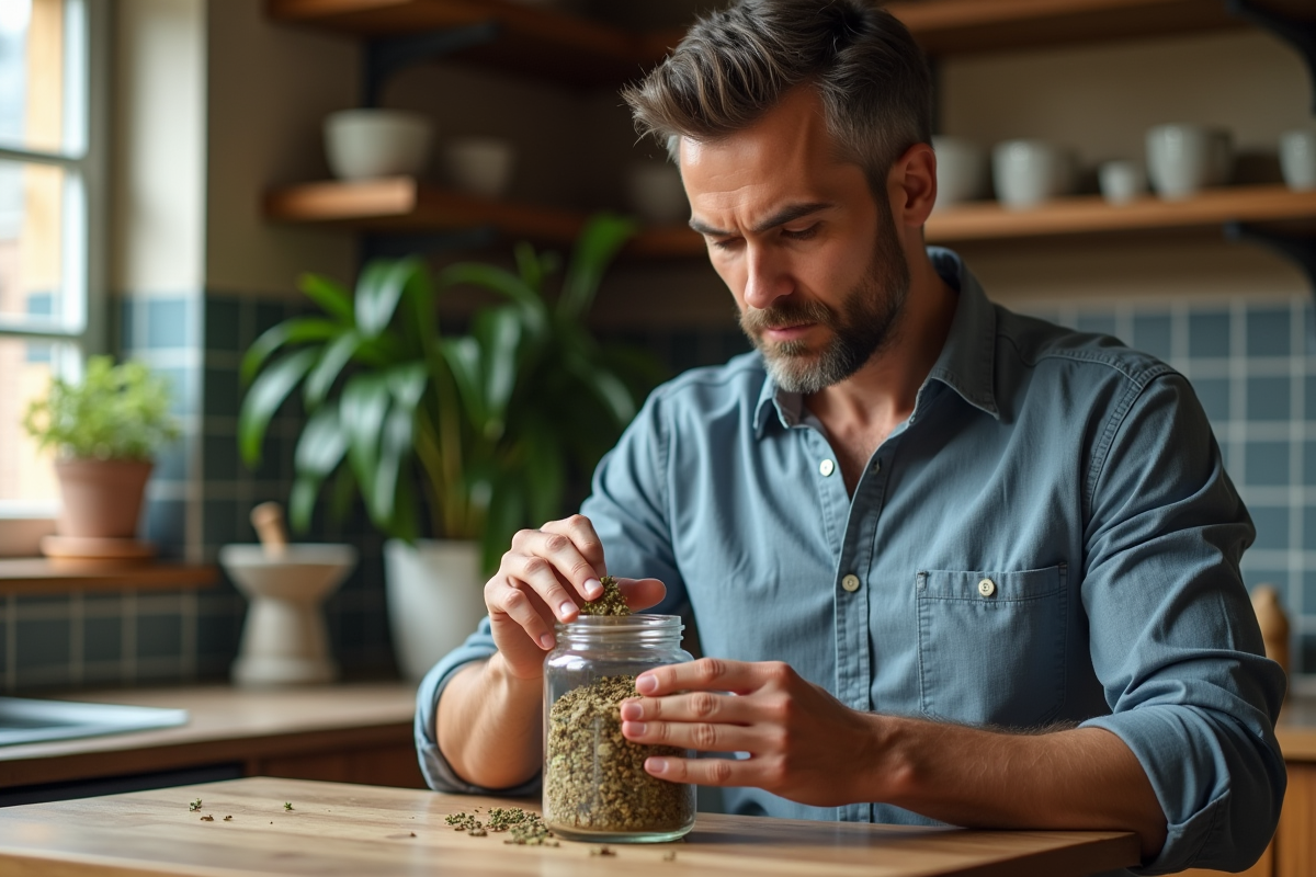 Homme regardant un pot dherbes sèches sur une table rustique