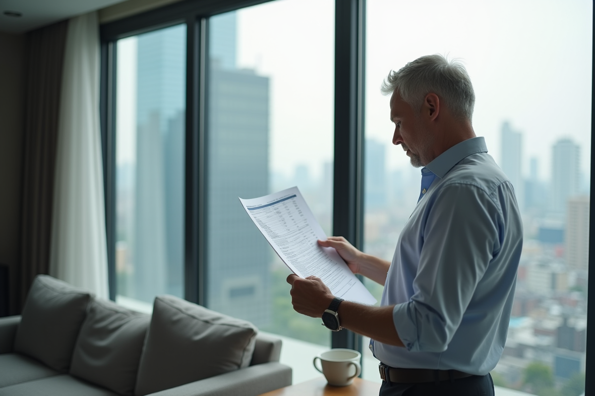 Homme d âge moyen lisant un document financier dans un appartement