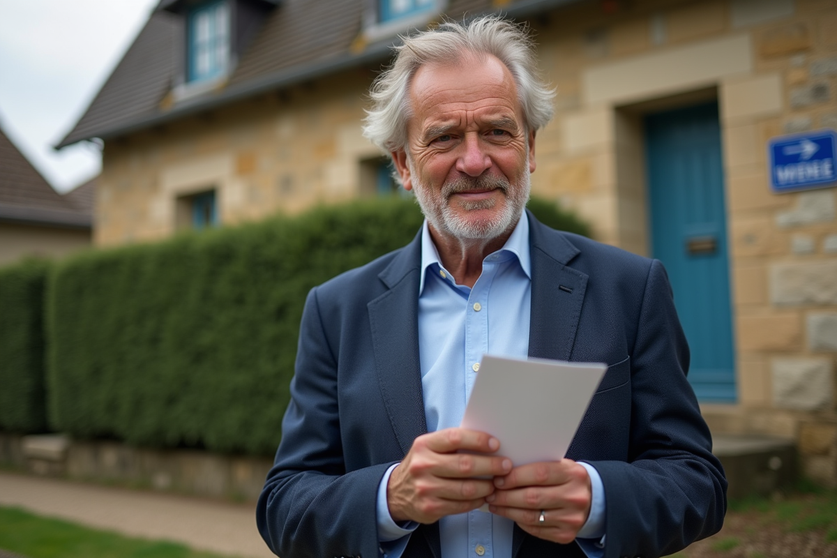 Homme français ouvrant une lettre devant une maison en pierre