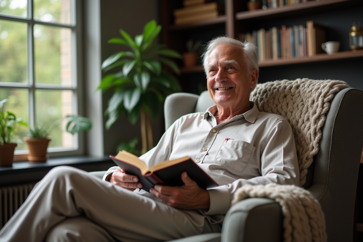 Homme âgé relaxant avec un livre dans un salon cosy