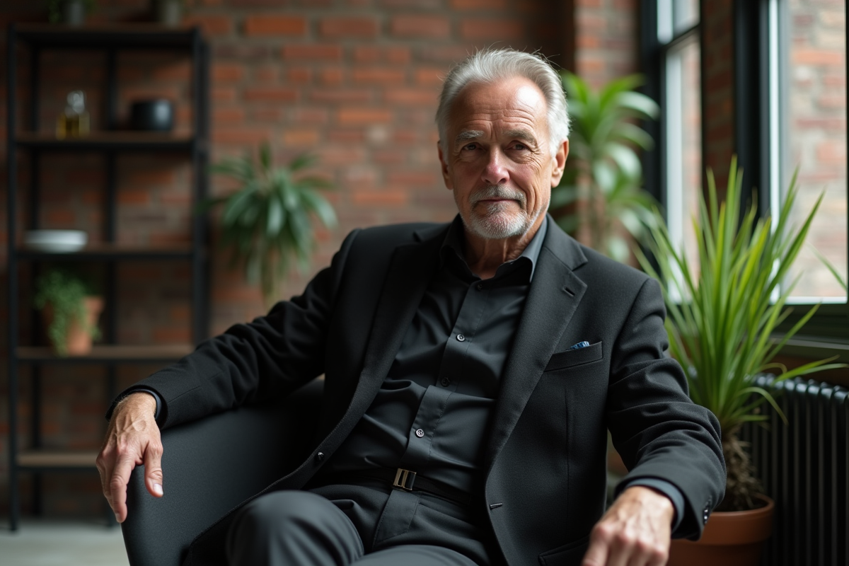 Homme d age dans un loft lumineux en noir