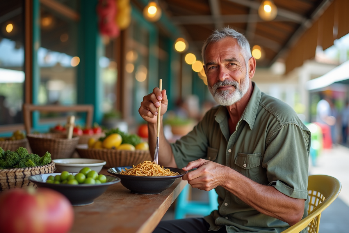 Homme détendu dégustant des nouilles dans un marché asiatique