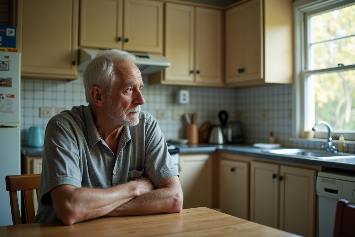 Homme âgé regardant la moisissure dans la cuisine