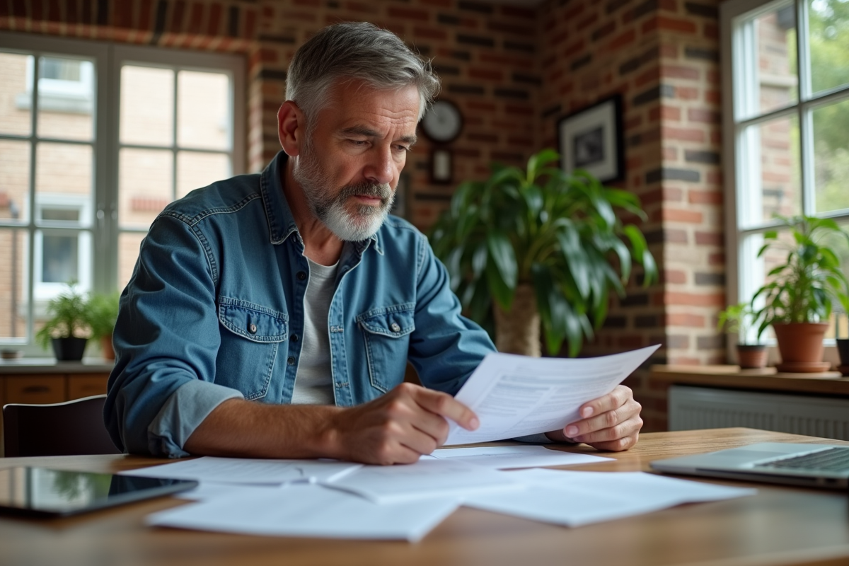 Homme en vêtements décontractés examine des documents de prêt immobilier
