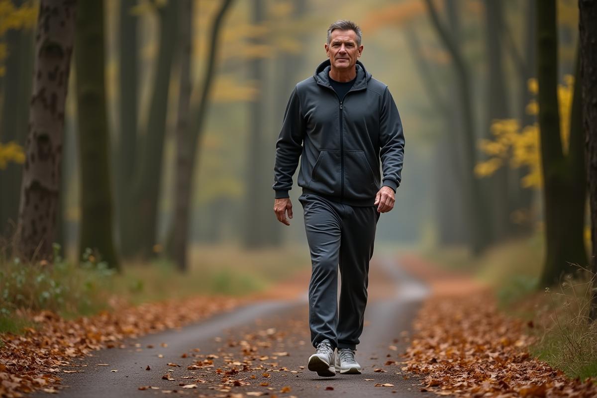 Homme marcheur dans une forêt aux feuilles tombées