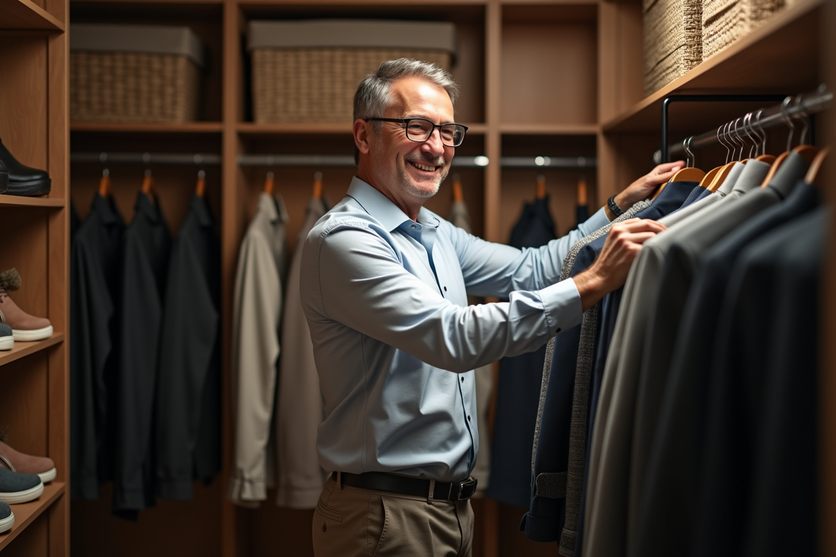 Homme rangeant ses vêtements dans un grand placard