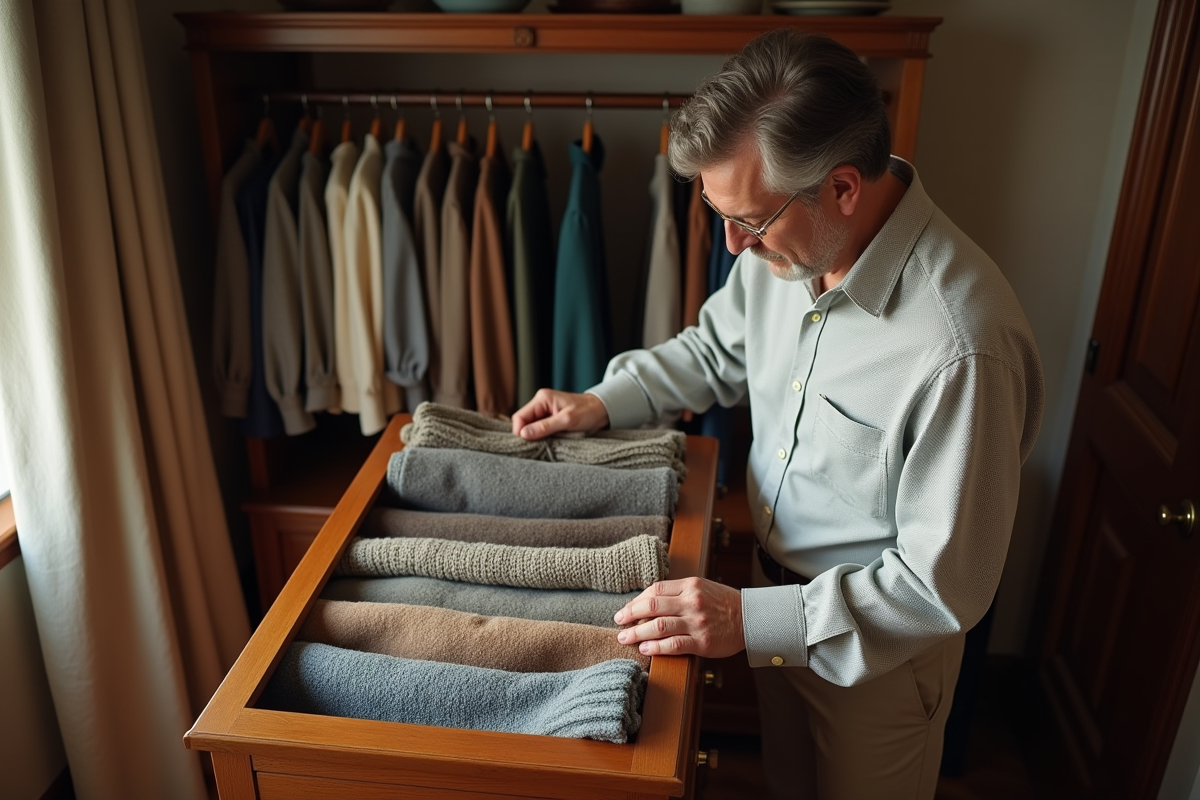 Homme pliant des pulls dans un dressing vintage lumineux