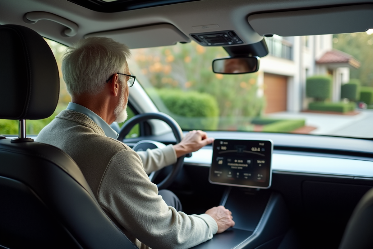 Homme retraité interagissant avec un véhicule autonome dans un jardin