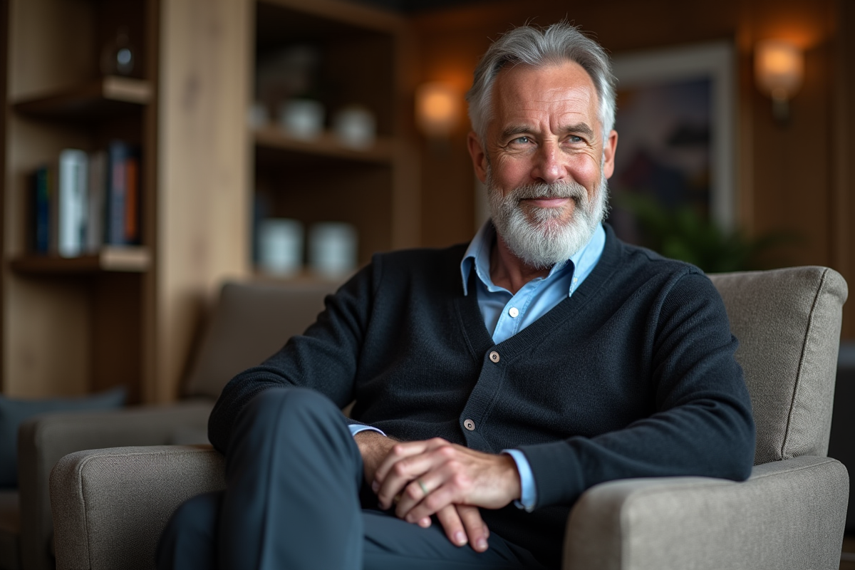 Homme distingué assis dans un salon moderne et cosy